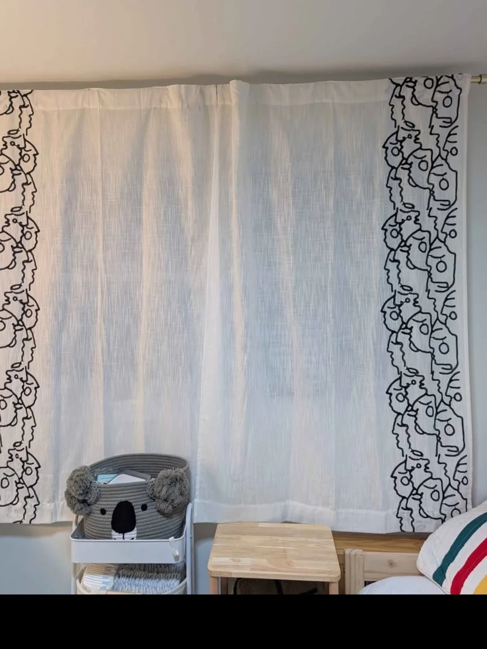 QTY 4 Jungalow White Semi Sheer Curtains with Black Abstract Face Border